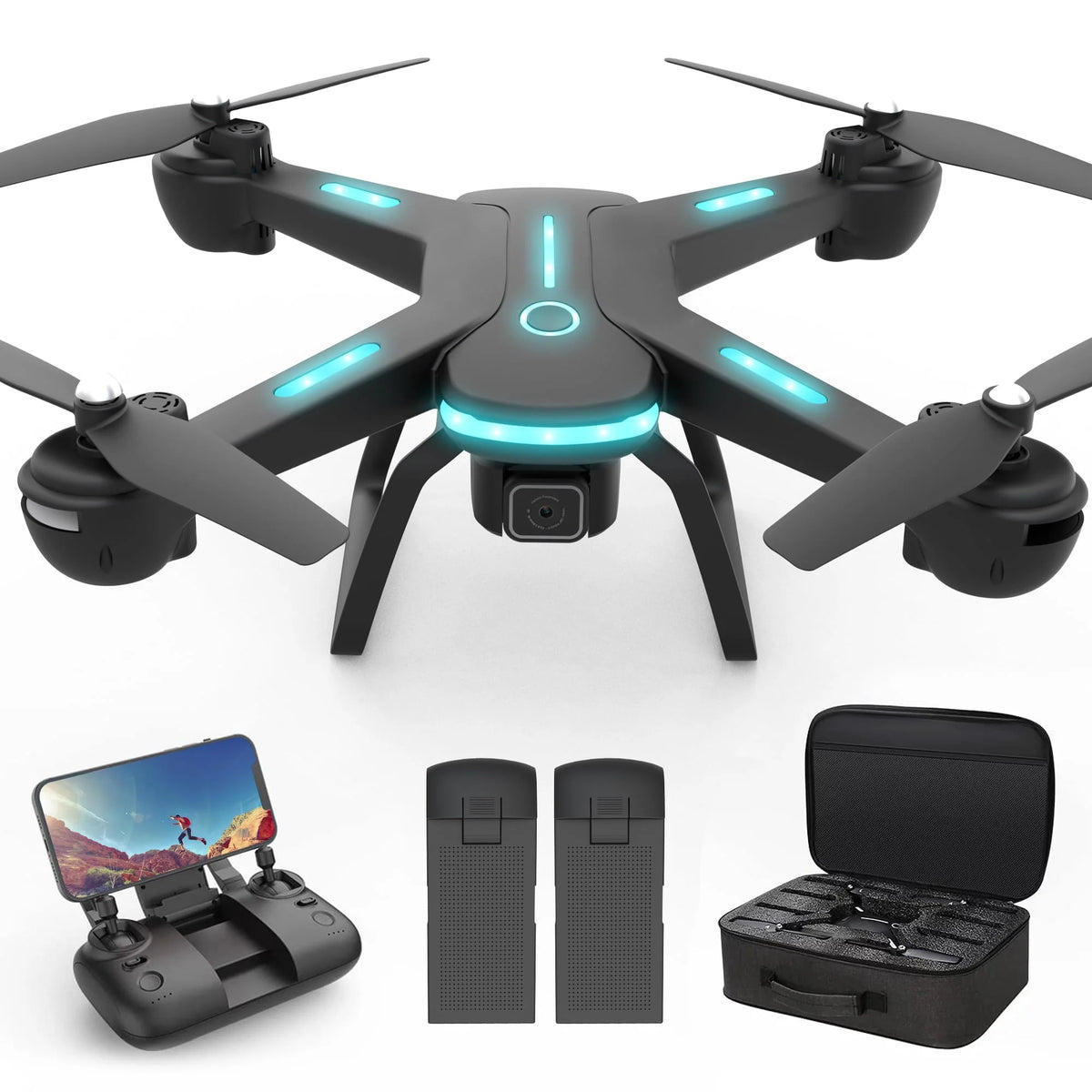 Black 1080P HD Camera Drone with LED Lights and 2 Batteries Z352422