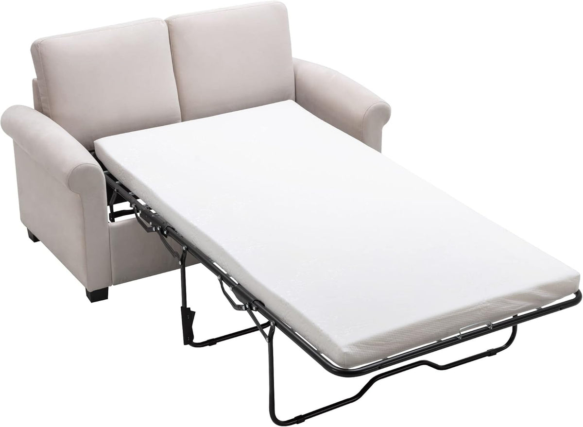 Beige White Pull Out Sofa Bed with Twin Size Mattress Pad M5451