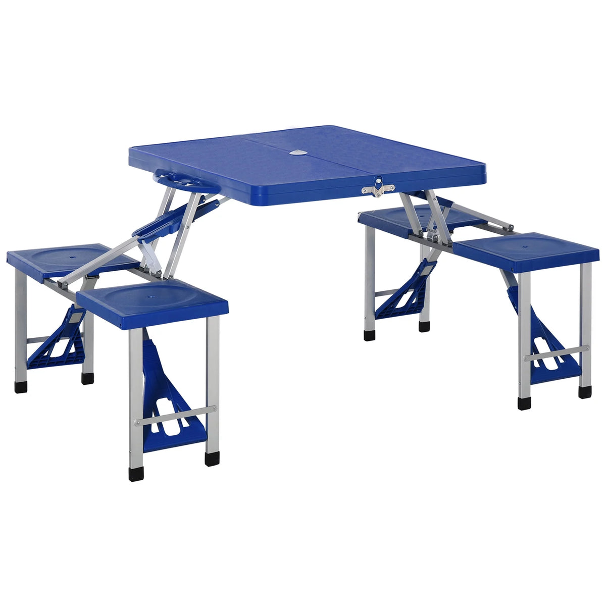 Blue 4-Person Foldable Camping Picnic Table with Seats and Umbrella Hole V87665