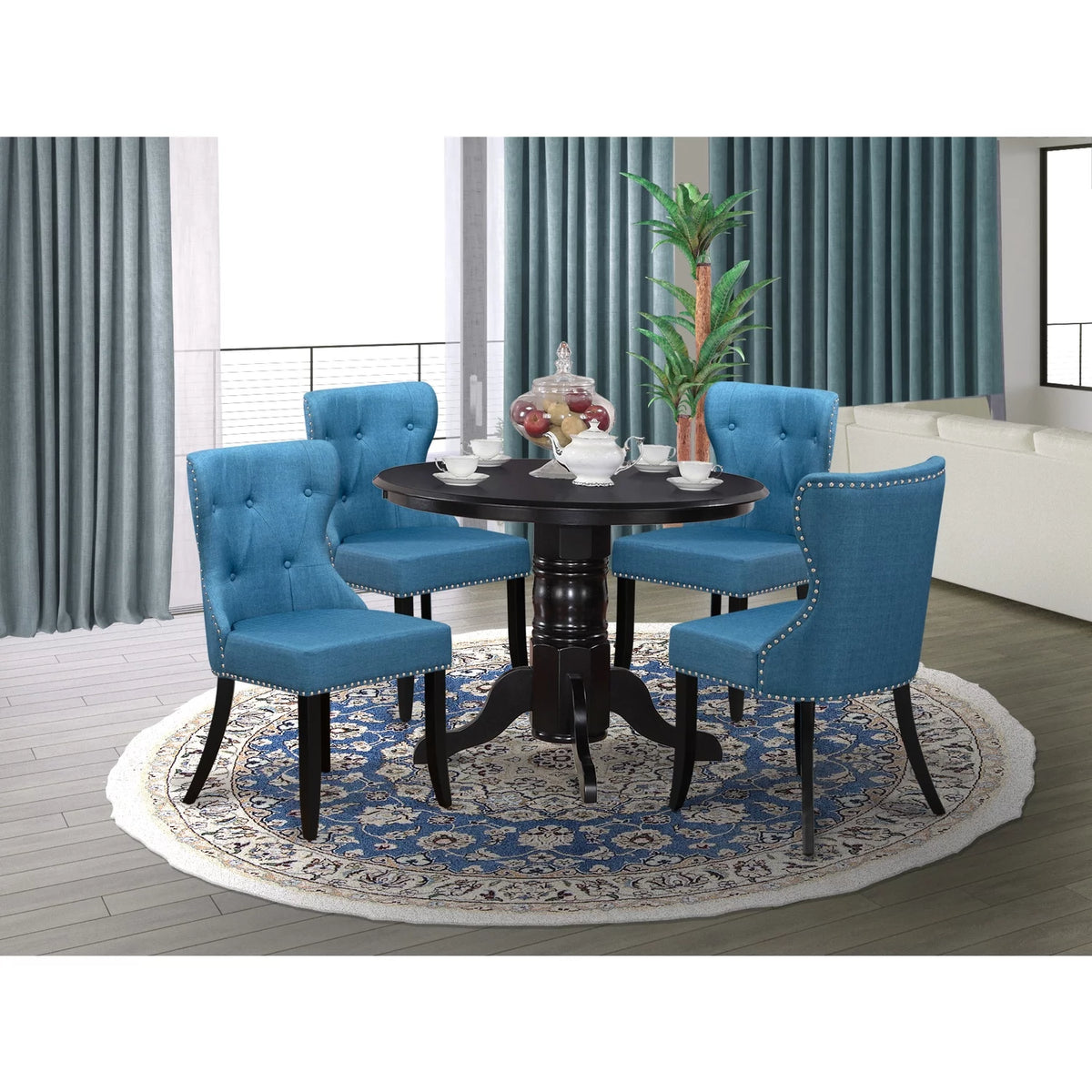 42-Inch Round Wooden Dining Table Set of 4 with Linen Fabric Mineral Blue Chairs C2283