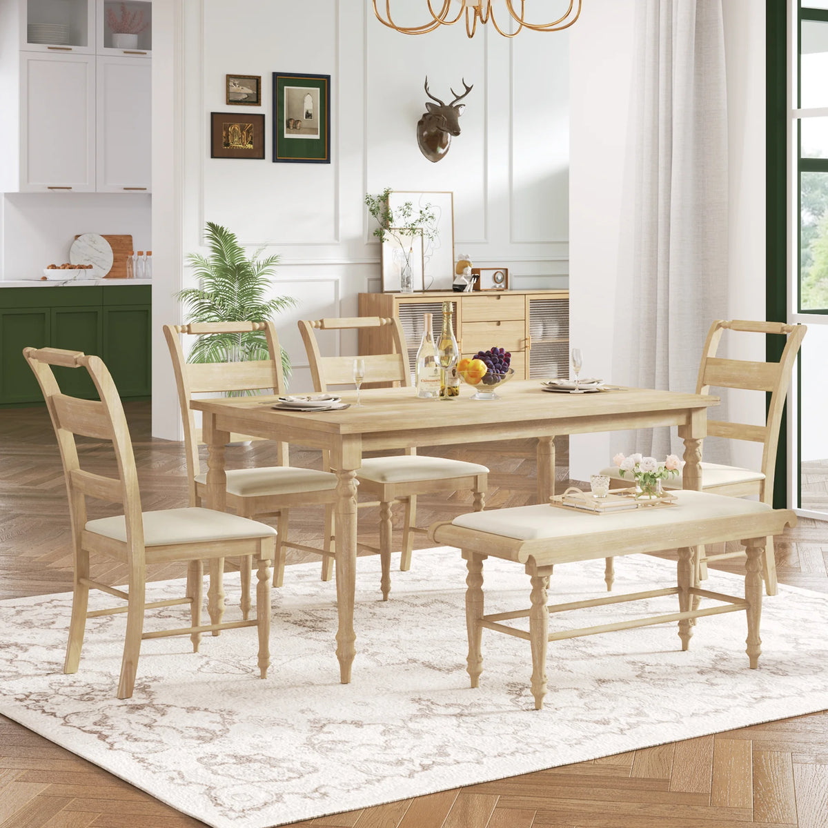 6-Piece Dining Set with Upholstered Chairs and Bench M6672