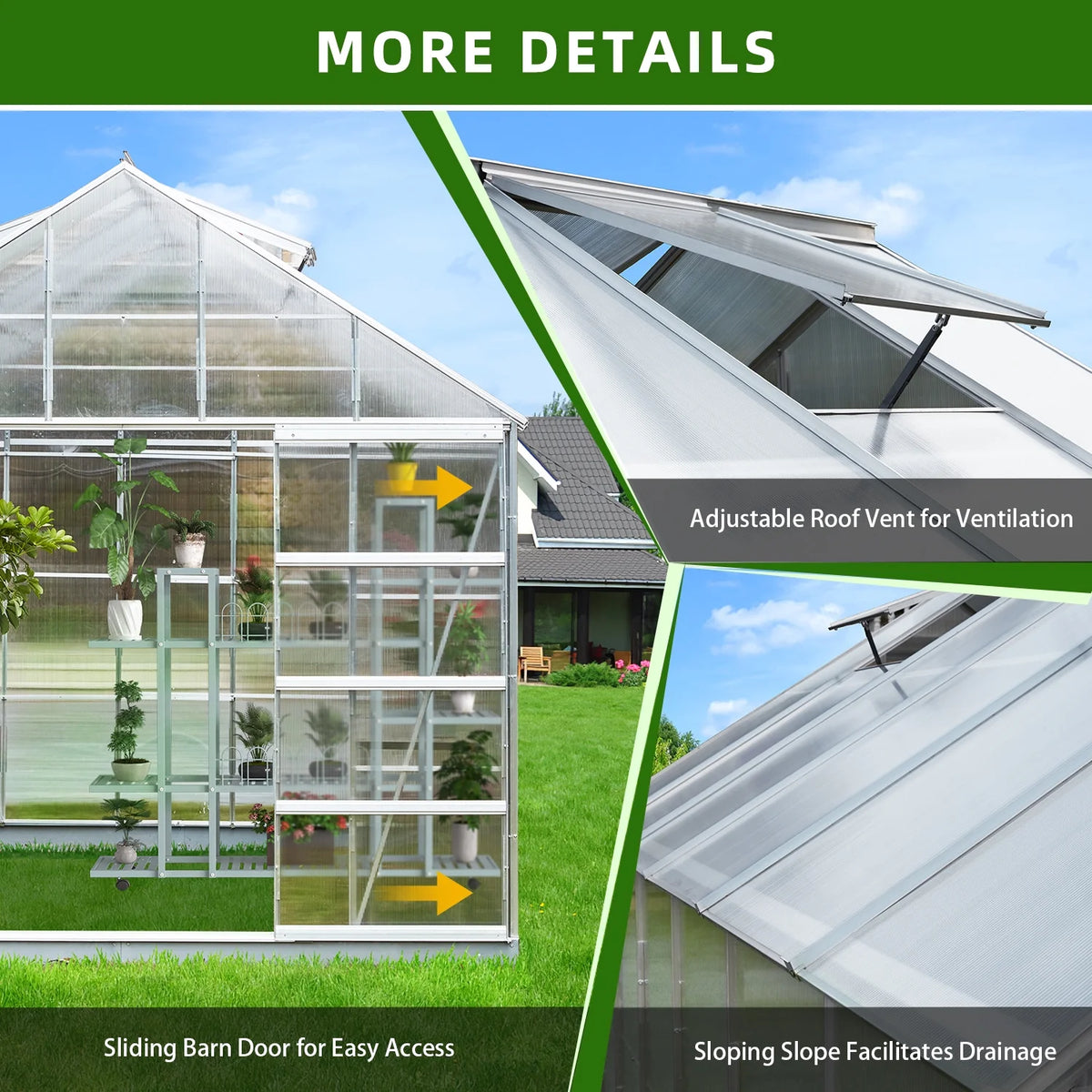 10' x 16' Walk-in Polycarbonate Greenhouse with Adjustable Roof Vent A275388
