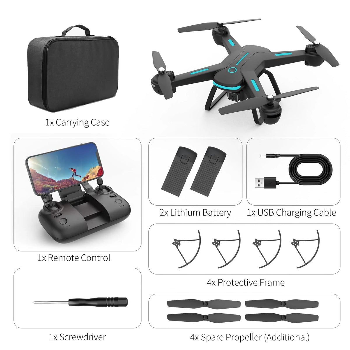 Black 1080P HD Camera Drone with LED Lights and 2 Batteries Z352422