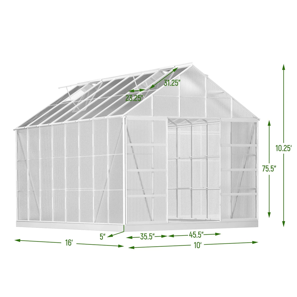 10' x 16' Walk-in Polycarbonate Greenhouse with Adjustable Roof Vent A275388