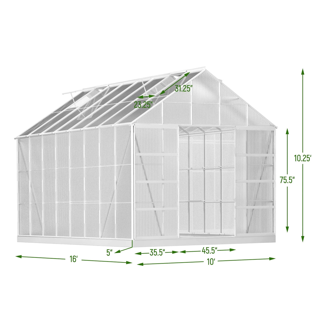 10' x 16' Walk-in Polycarbonate Greenhouse with Adjustable Roof Vent A275388