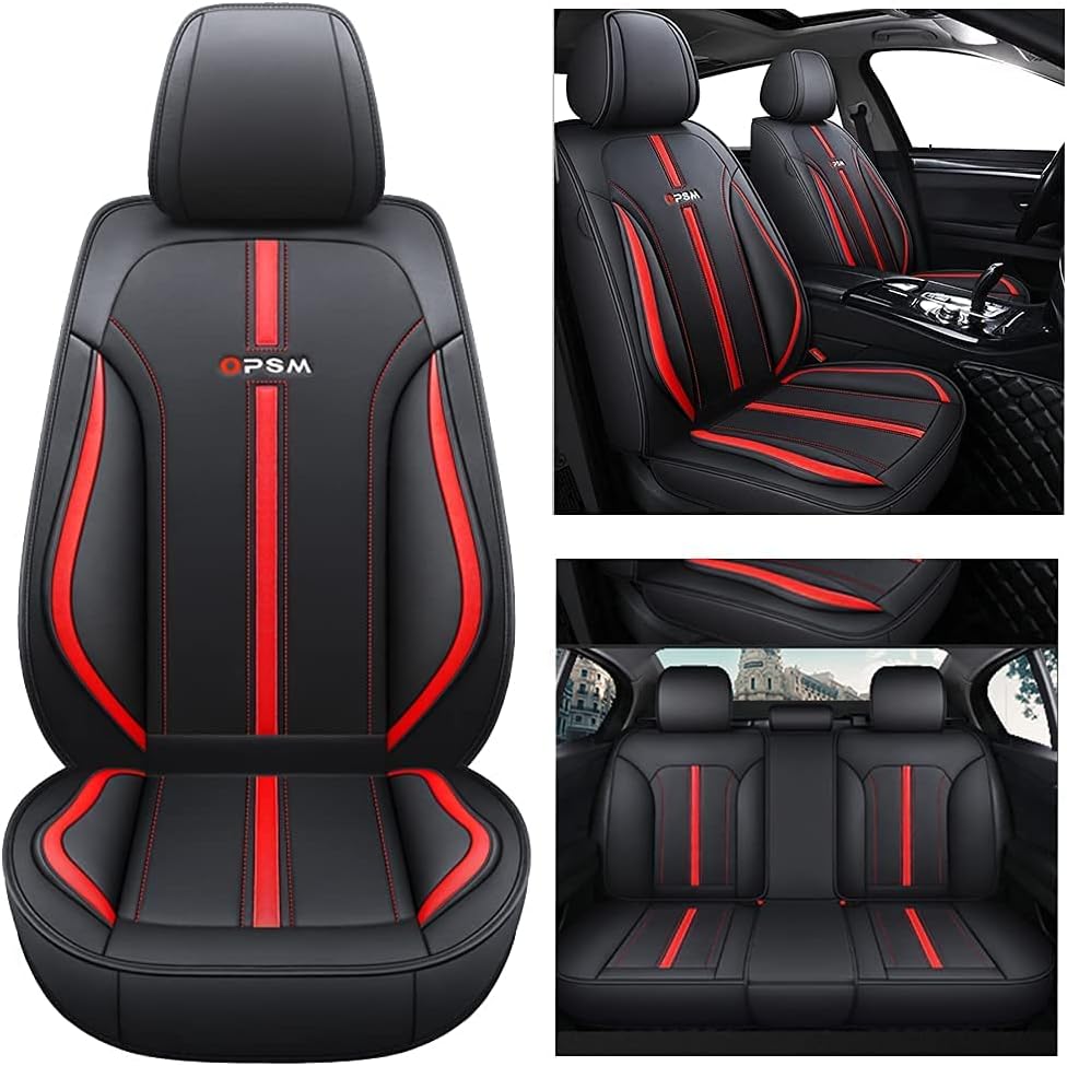 Black-Red Leather Car Seat Covers Full Set Y7422