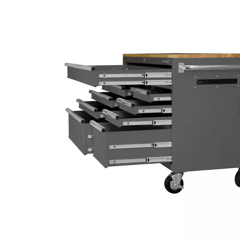 9-Drawer Mobile Workbench Cabinet with Solid Wood Top in Gloss Gray Z88066