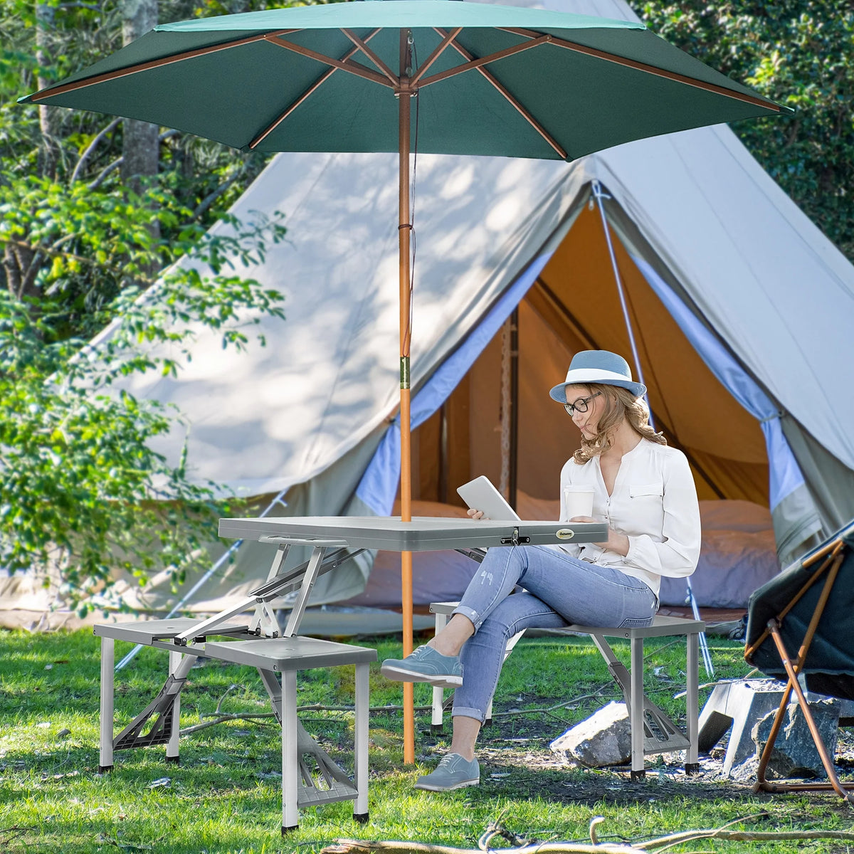 Blue 4-Person Foldable Camping Picnic Table with Seats and Umbrella Hole V87665