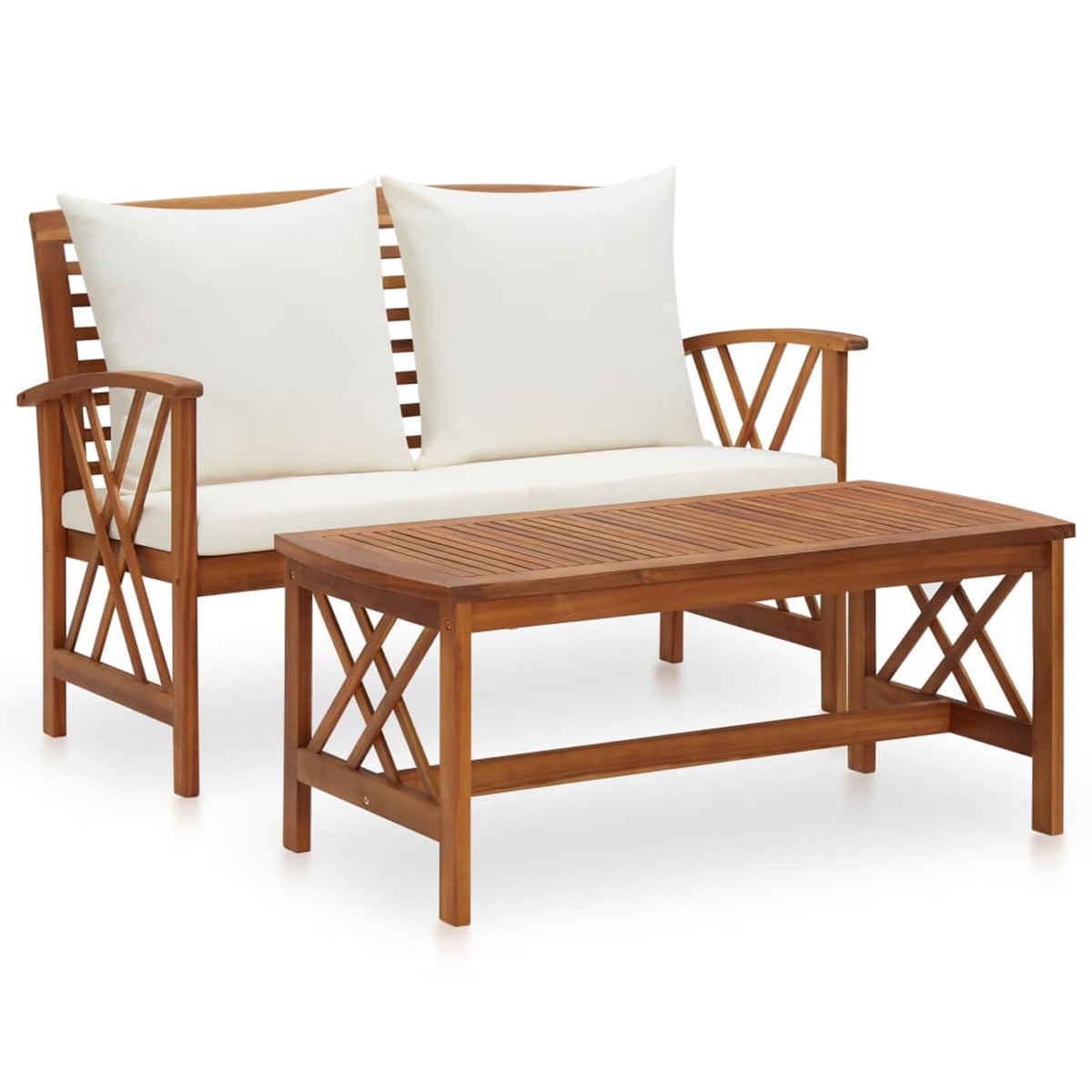2 Piece Outdoor Conversation Set with White Cushion and Coffee Side Table Acacia Wood Sectional Sofa Set P5931