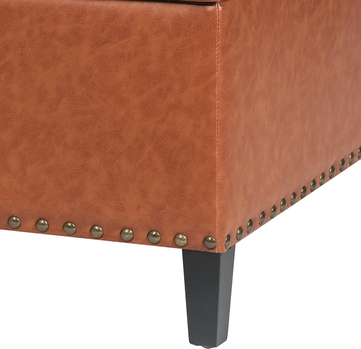 Camel Faux Leather Storage Ottoman Bench with Wood Legs E48294