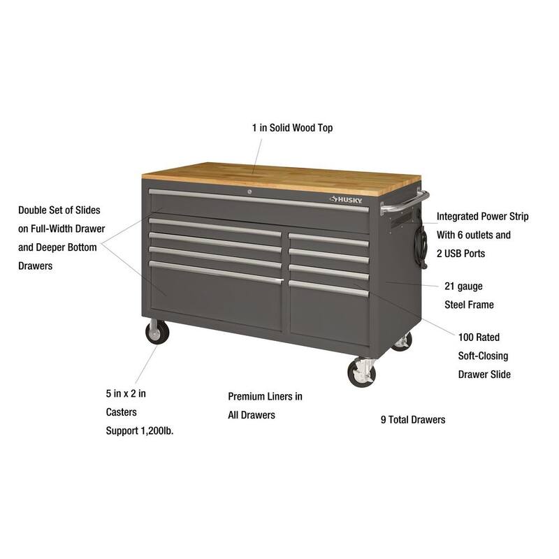 9-Drawer Mobile Workbench Cabinet with Solid Wood Top in Gloss Gray Z88066