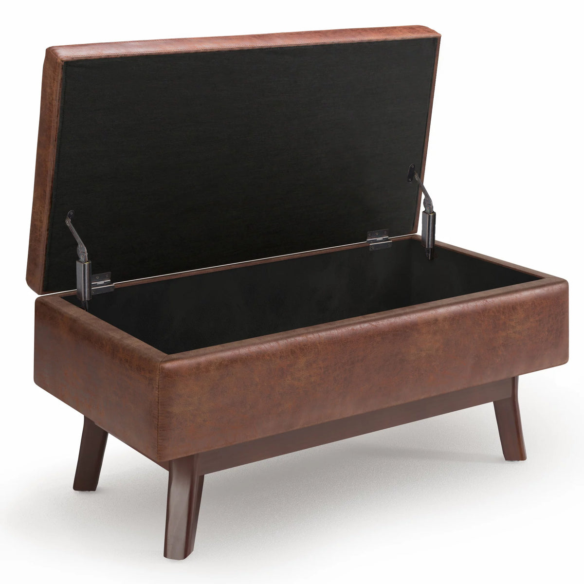 36 inch Wide Small Rectangular Storage Ottoman in Distressed Saddle Brown Vegan Faux Leather P294327