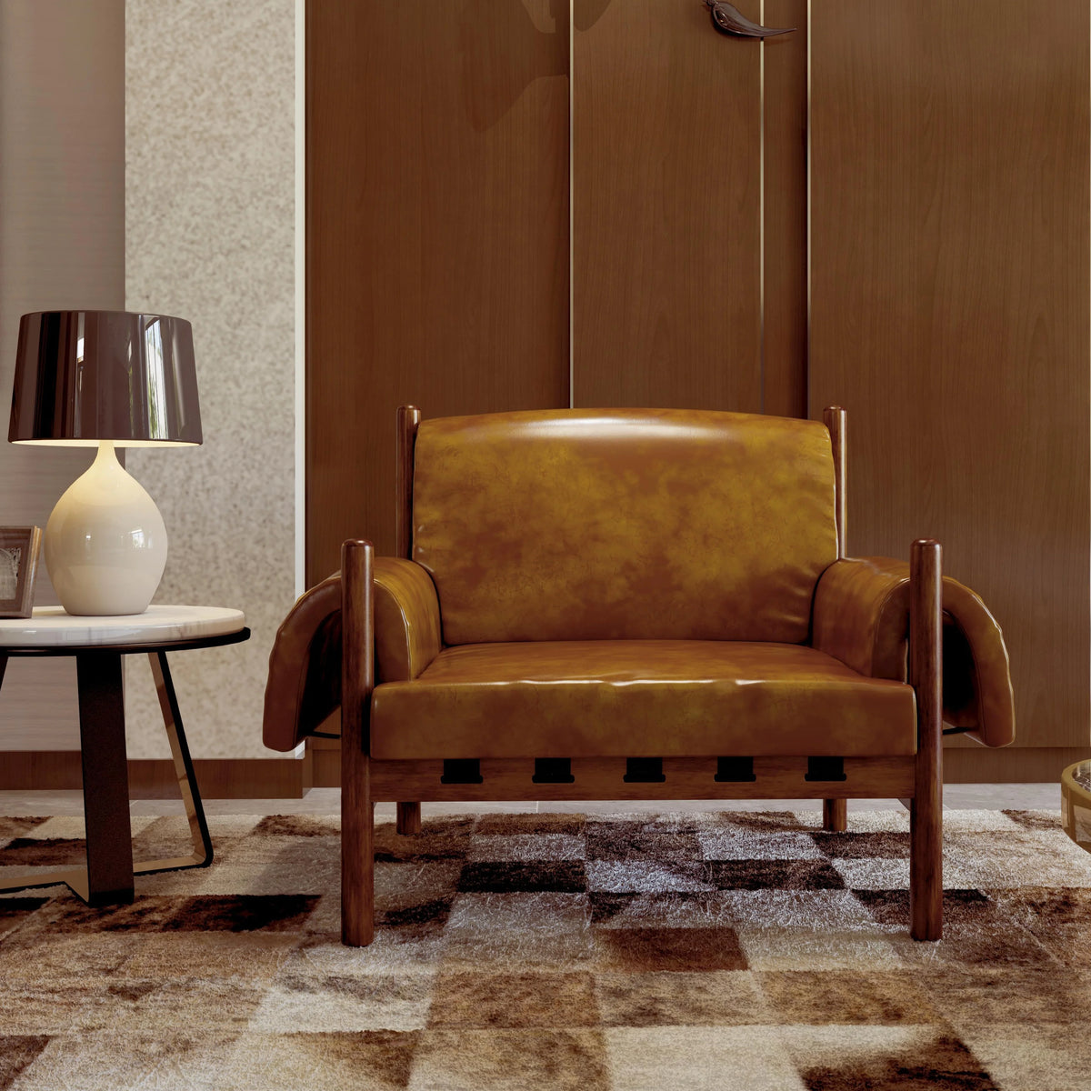 Brown Tall Back Accent Chair with Arms Solid Wood Legs S898104