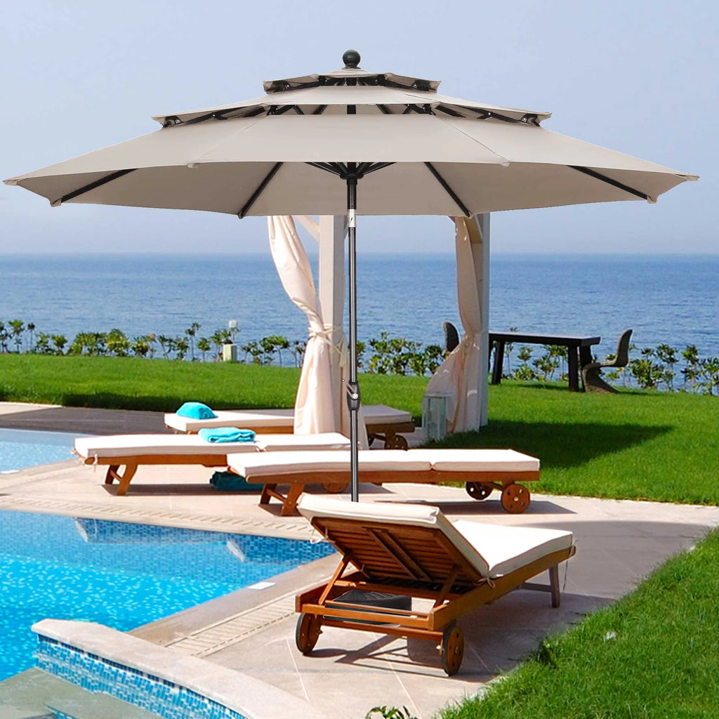 10FT 3 Tiers Adjustable Crank and Tilt Khaki Patio Umbrella E85068