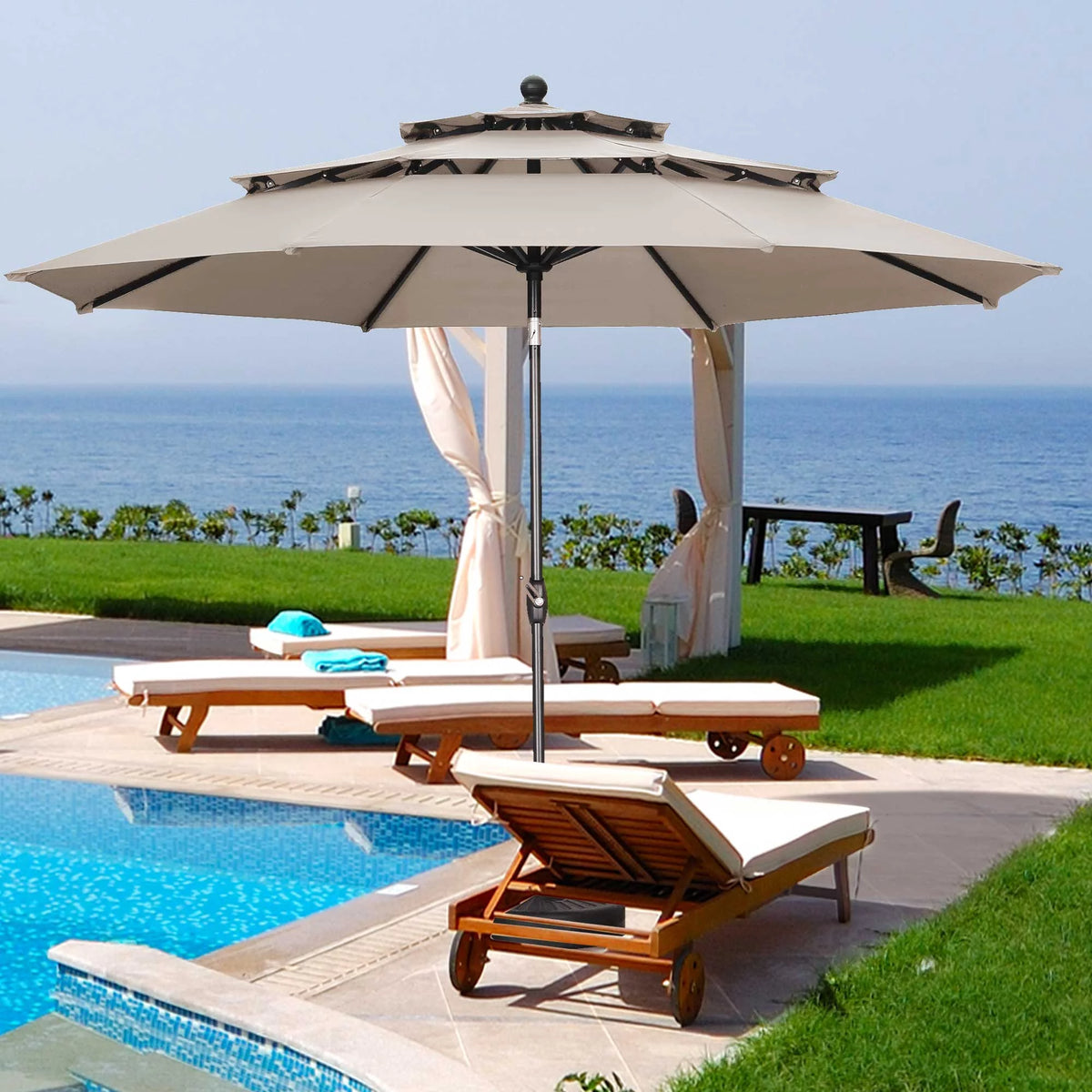 10FT 3 Tiers Adjustable Crank and Tilt Khaki Patio Umbrella E85068