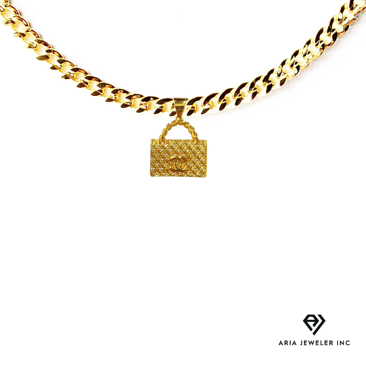 14k Bonded Gold Necklace with Designer Bag Pendant J1119