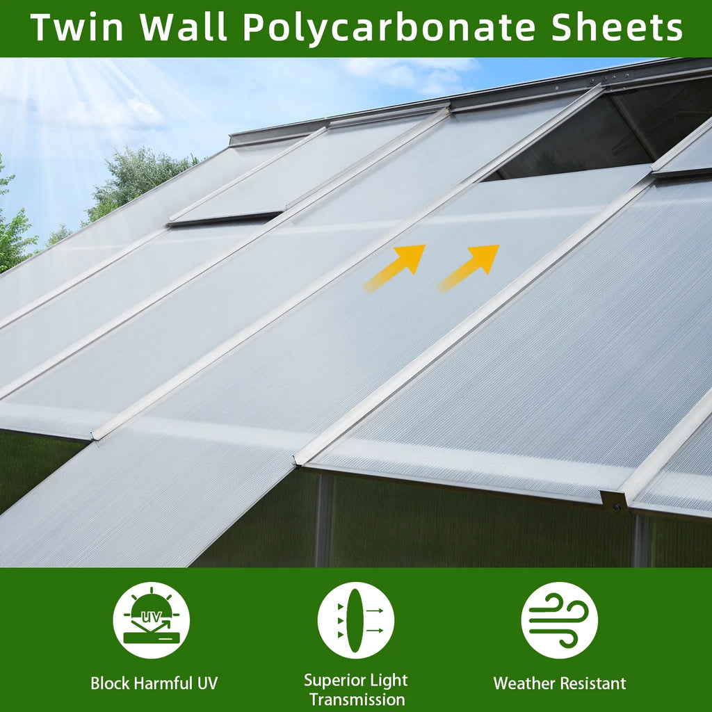 10' x 16' Walk-in Polycarbonate Greenhouse with Adjustable Roof Vent A275388