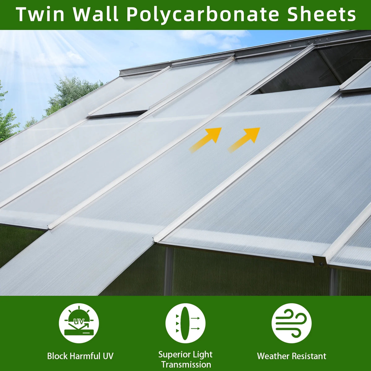 10' x 16' Walk-in Polycarbonate Greenhouse with Adjustable Roof Vent A275388
