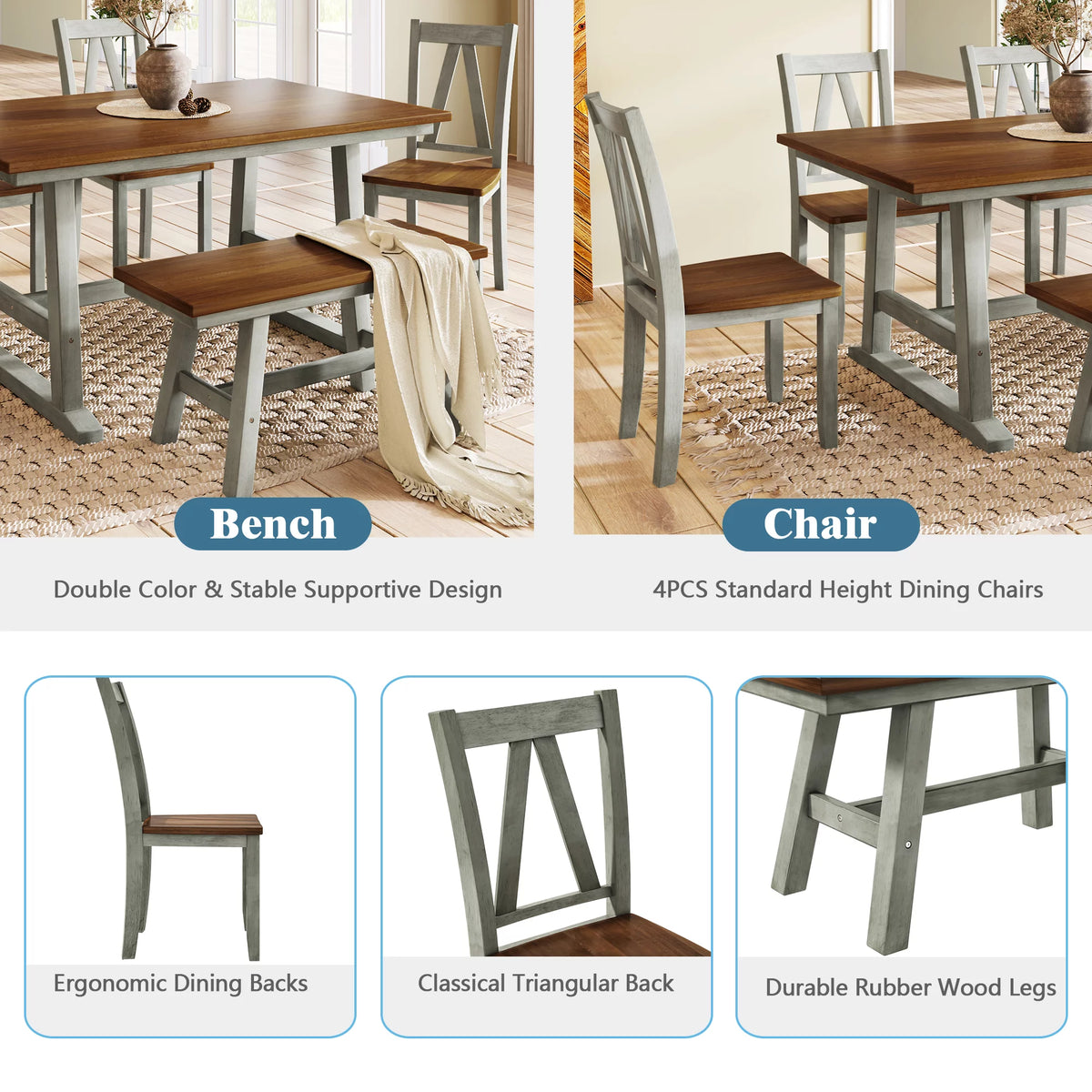 6 Piece Solid Wood Dining Room Set with Bench and 4 Chairs M4701