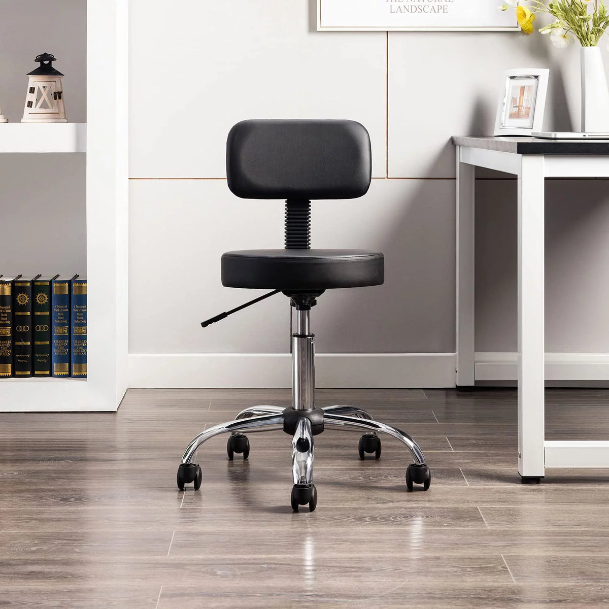 Black Faux Leather Adjustable Drafting Stool with Wheels S19632
