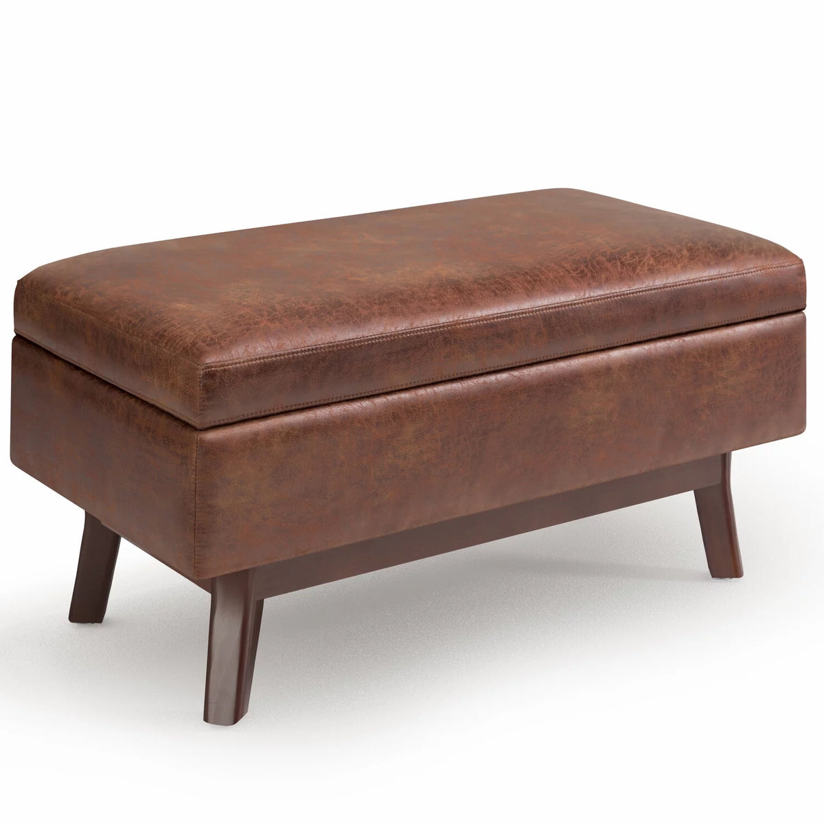 36 inch Wide Small Rectangular Storage Ottoman in Distressed Saddle Brown Vegan Faux Leather P294327