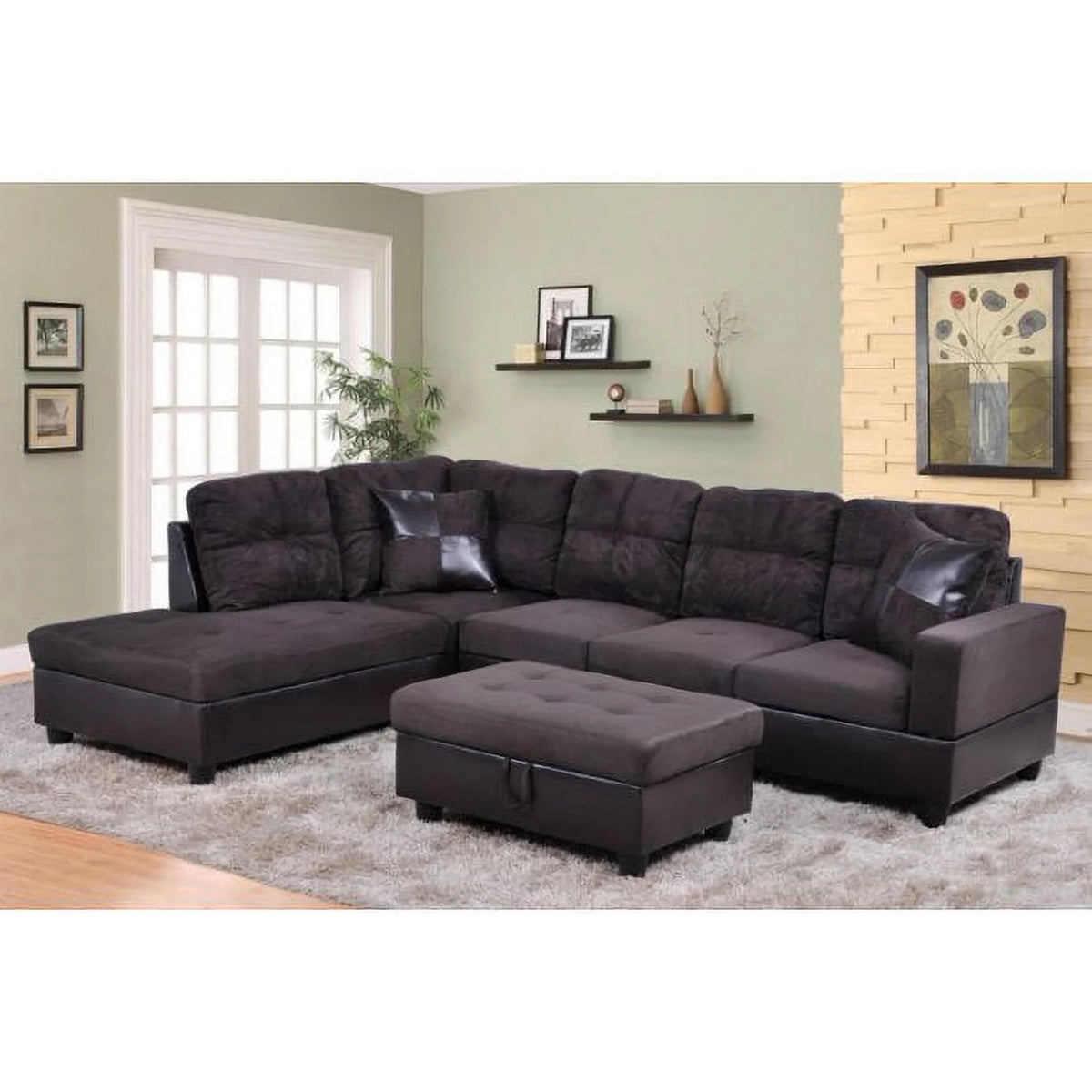 104" Sectional Sofa & Chaise with Ottoman Microfiber and faux leather upholstery Espresso Left Hand Facing L364550