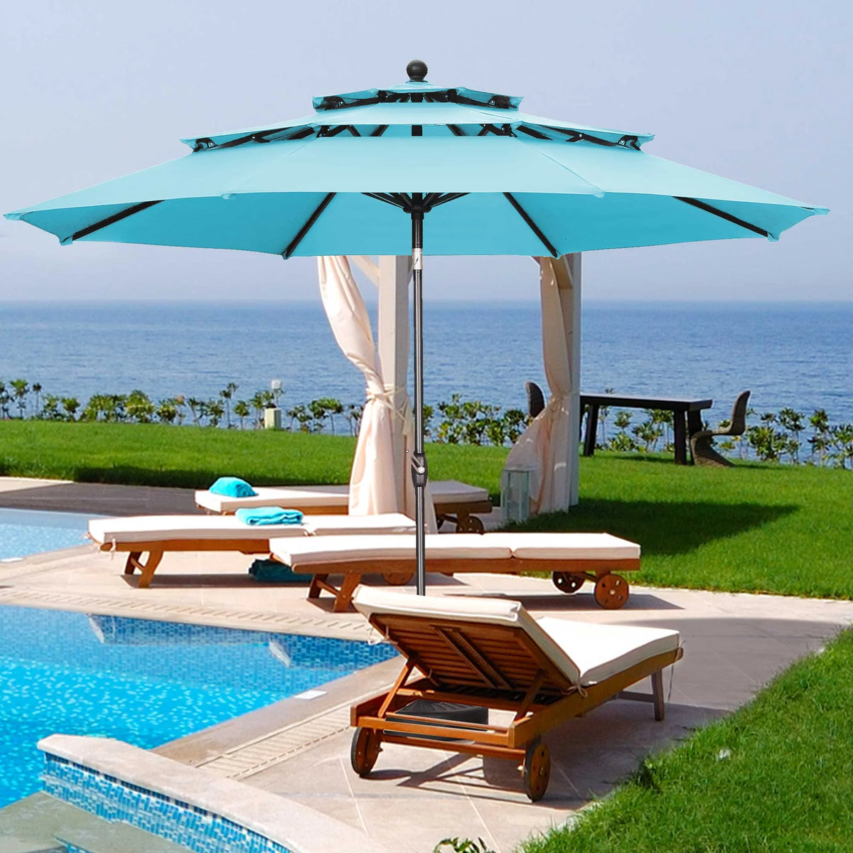 10FT 3 Tiers Adjustable Crank and Tilt Khaki Patio Umbrella E85068