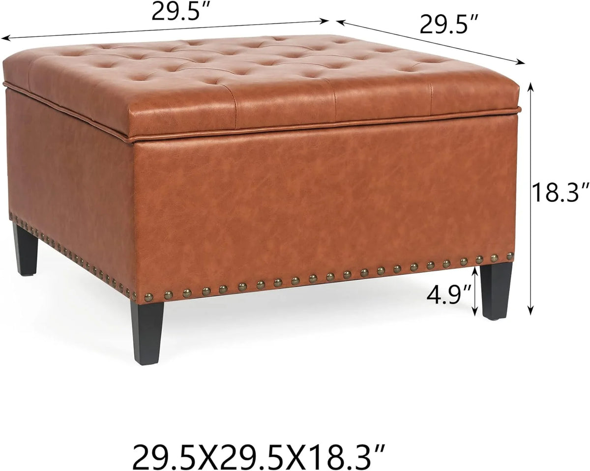 Camel Faux Leather Storage Ottoman Bench with Wood Legs E48294
