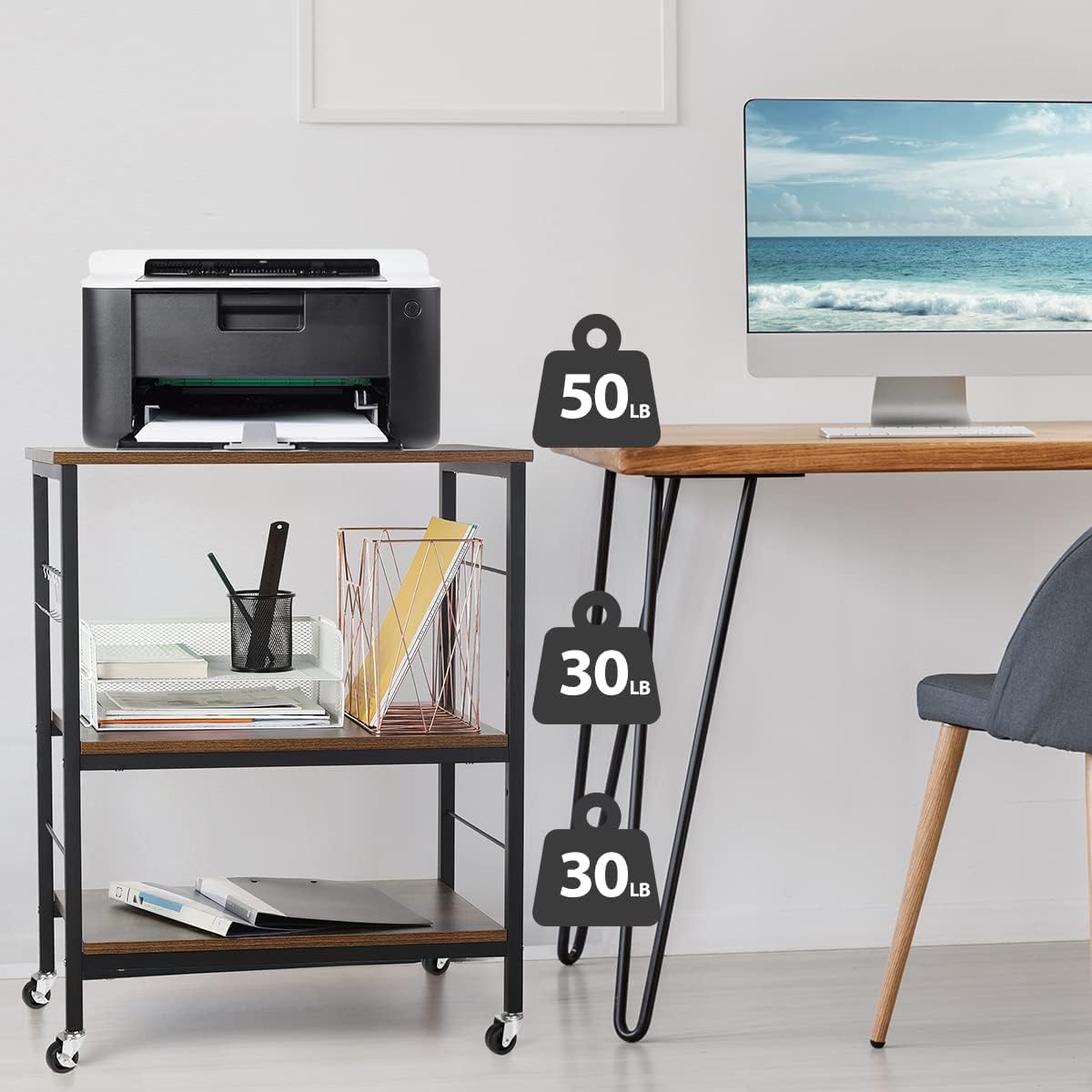 3-Tier Rolling Kitchen Cart with 10 Hooks and Adjustable Shelves Z587197