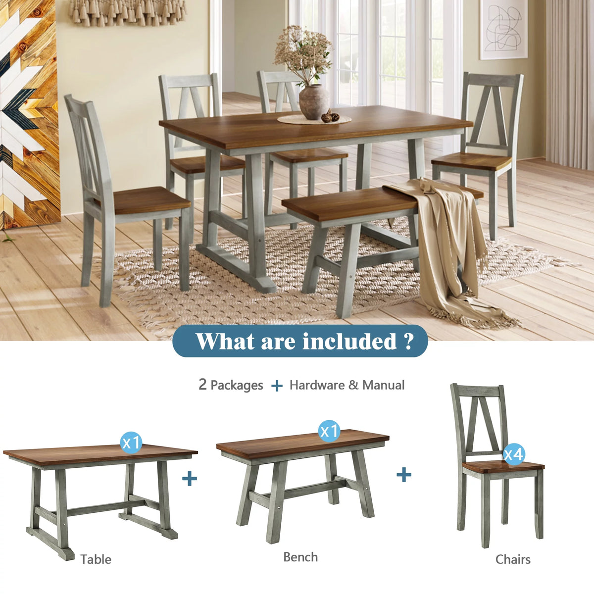 6 Piece Solid Wood Dining Room Set with Bench and 4 Chairs M4701