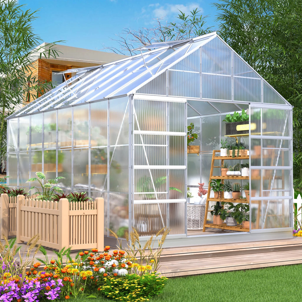 10' x 16' Walk-in Polycarbonate Greenhouse with Adjustable Roof Vent A275388