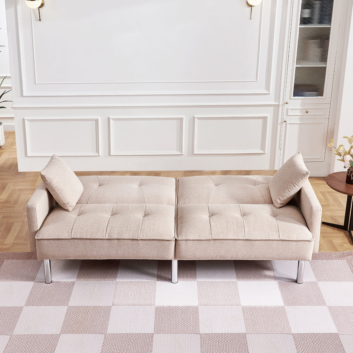 Beige Velvet Tufted Convertible Sofa Sleeper F112