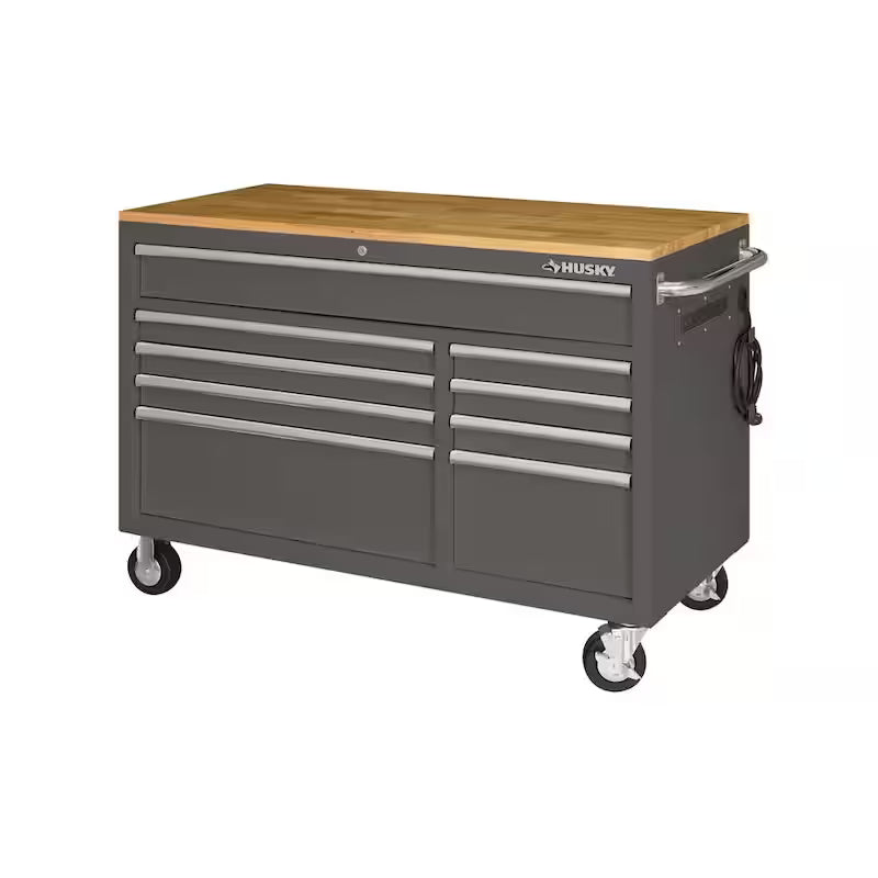 9-Drawer Mobile Workbench Cabinet with Solid Wood Top in Gloss Gray Z88066