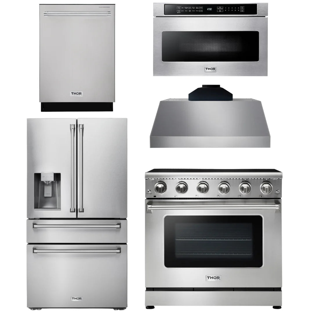 36 Electric Range, Range Hood, Microwave, Refrigerator with Water and Ice Dispenser, Dishwasher G89514