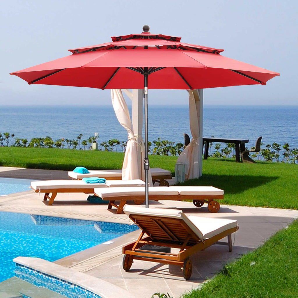 10FT 3 Tiers Adjustable Crank and Tilt Khaki Patio Umbrella E85068