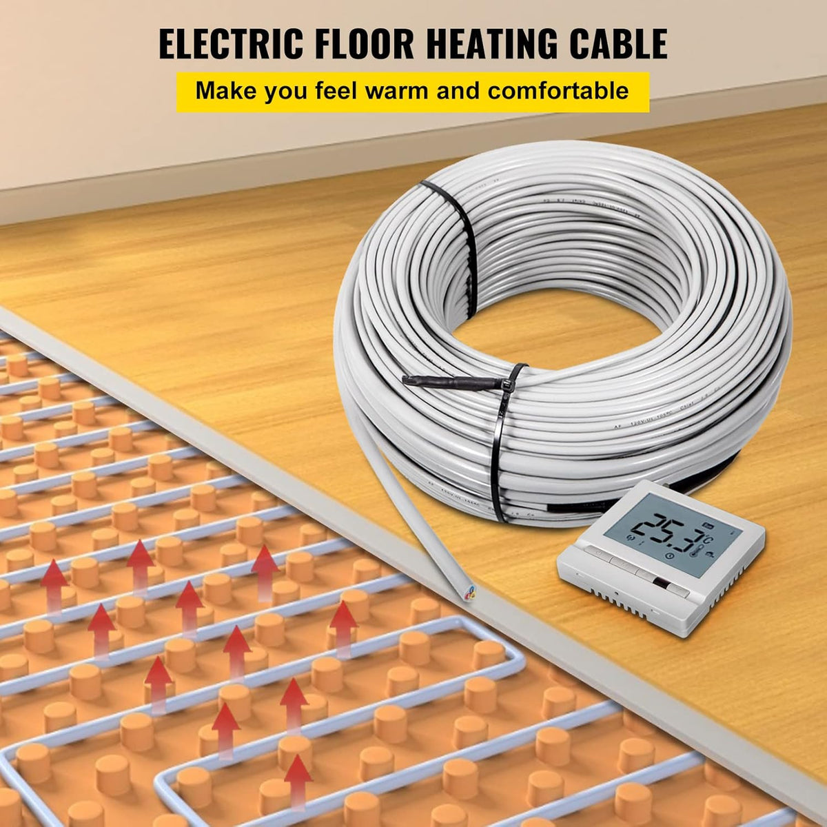 72.7 Square Feet Waterproof Insulated Floor Heating Cable with Temperature Control Panel E589