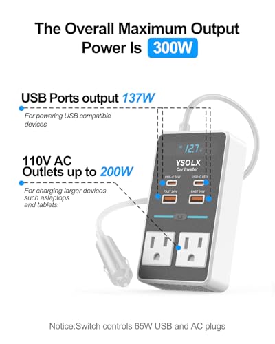 300W DC 12V to 110V AC Car Power Inverter with USB-C & USB-A N749845