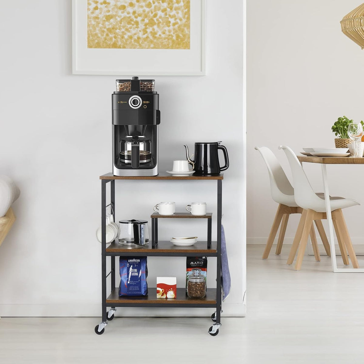 3-Tier Rolling Kitchen Cart with 10 Hooks and Adjustable Shelves Z587197
