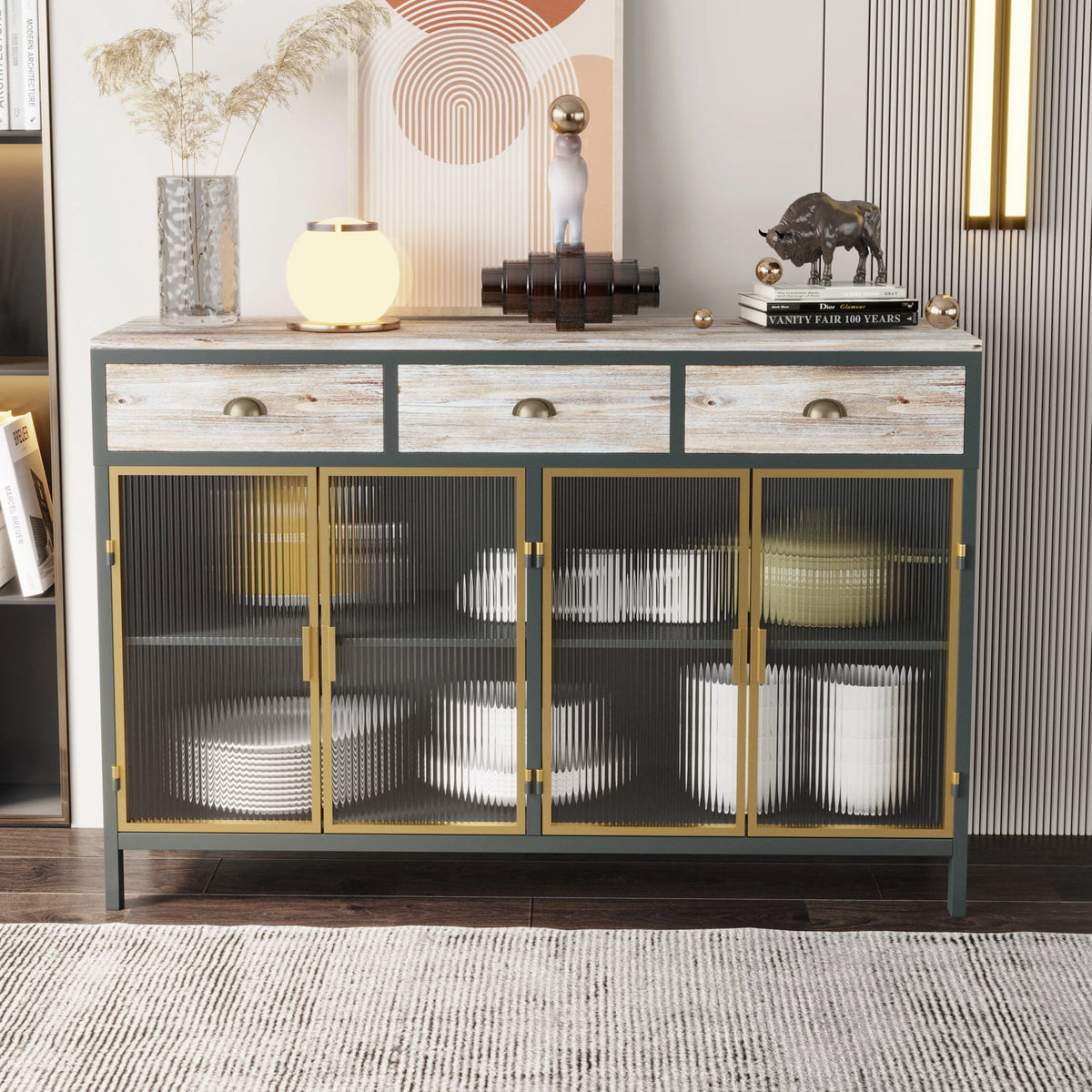 48" Wide 4 Glass Doors 3 Drawers Sideboard Storage Cabinet B40188