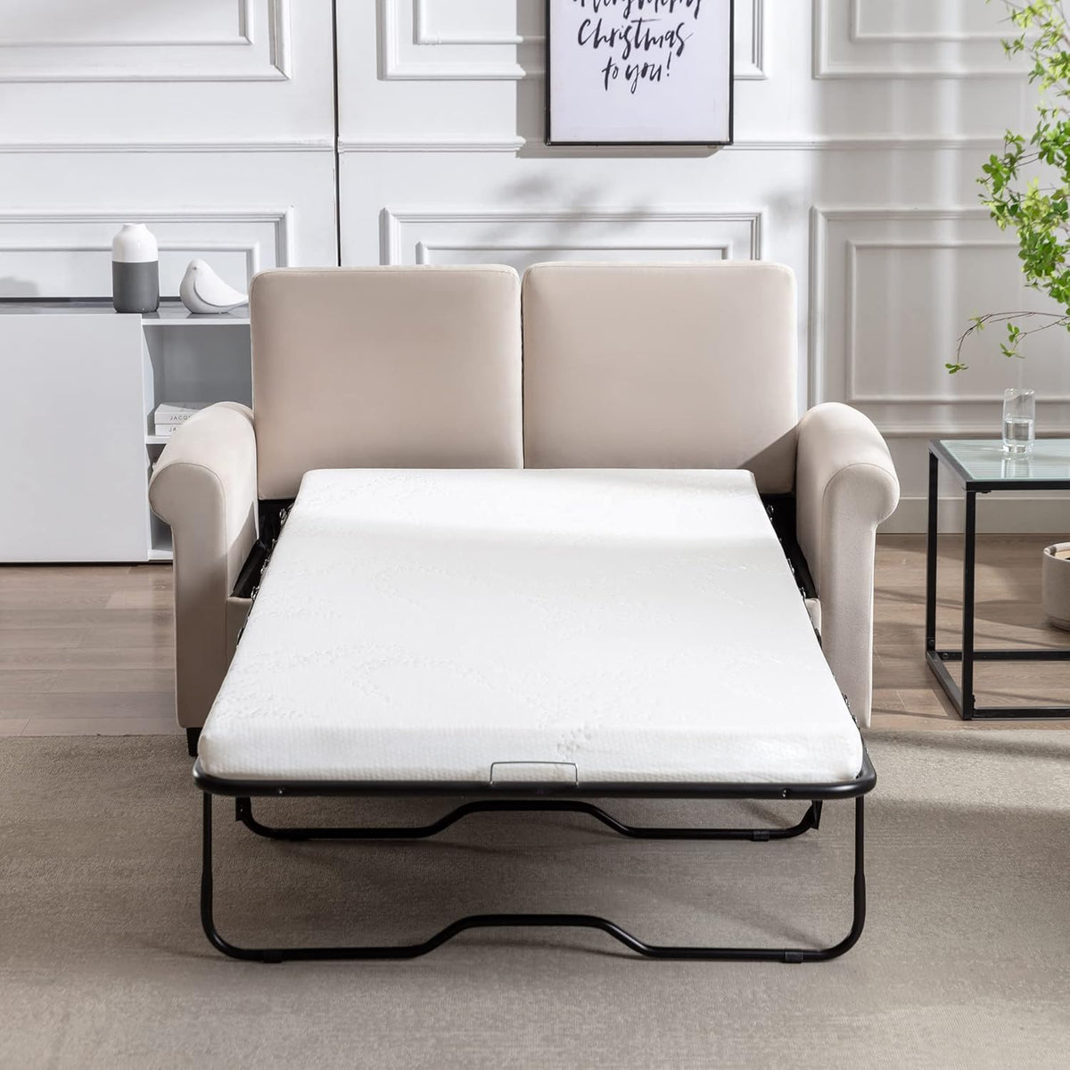 Beige White Pull Out Sofa Bed with Twin Size Mattress Pad M5451