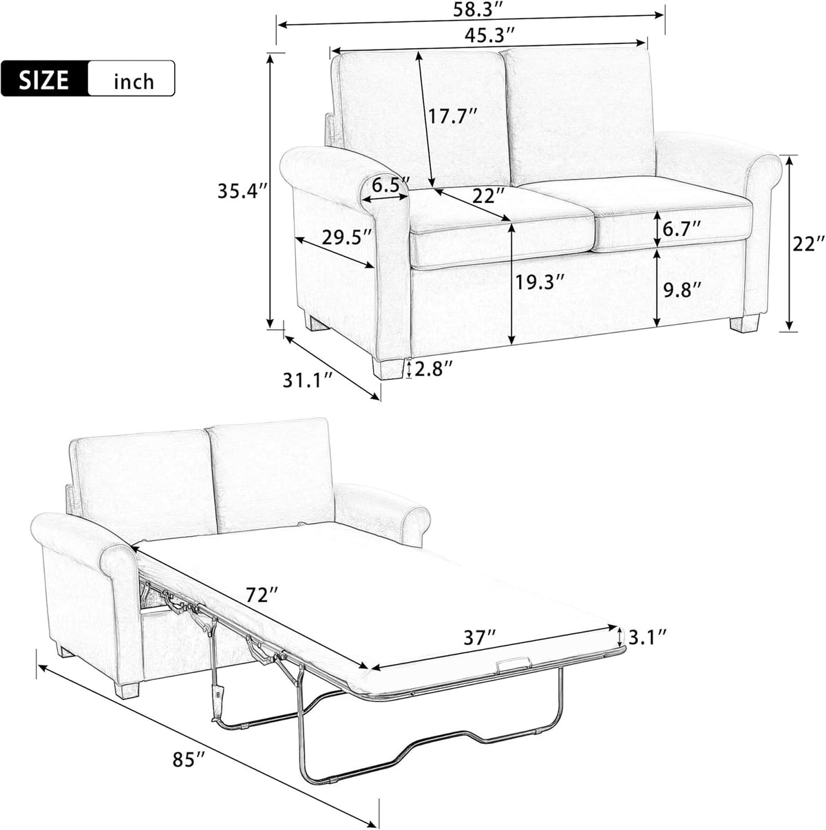 Beige White Pull Out Sofa Bed with Twin Size Mattress Pad M5451