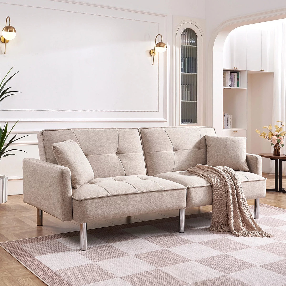 Beige Velvet Tufted Convertible Sofa Sleeper F112