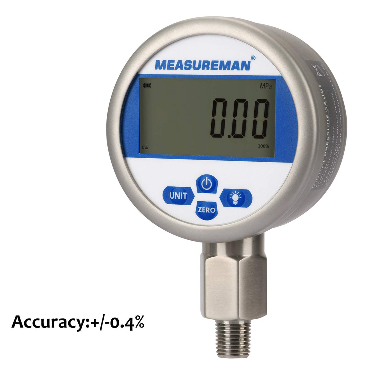3-1/8 dial Digital Hydraulic Industrial Precision Pressure Gauge with 1/4NPT Lower Mount, Stainless Steel Case, 0-10000psi/bar, 0.4%, Battery Powered, with LED Light P1273