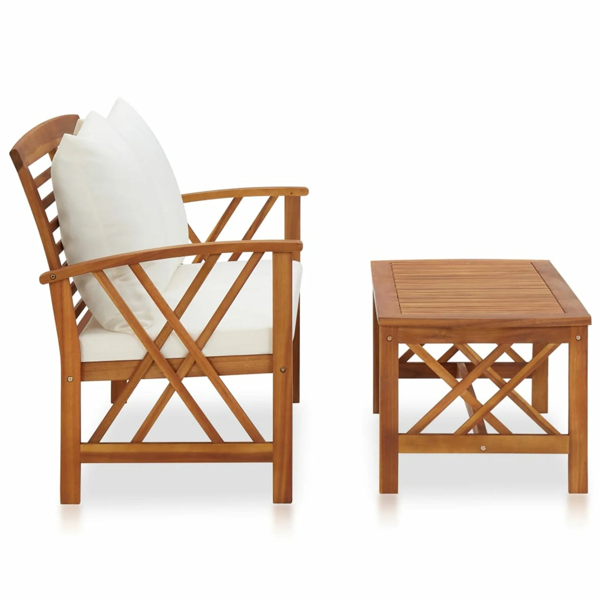 2 Piece Outdoor Conversation Set with White Cushion and Coffee Side Table Acacia Wood Sectional Sofa Set P5931