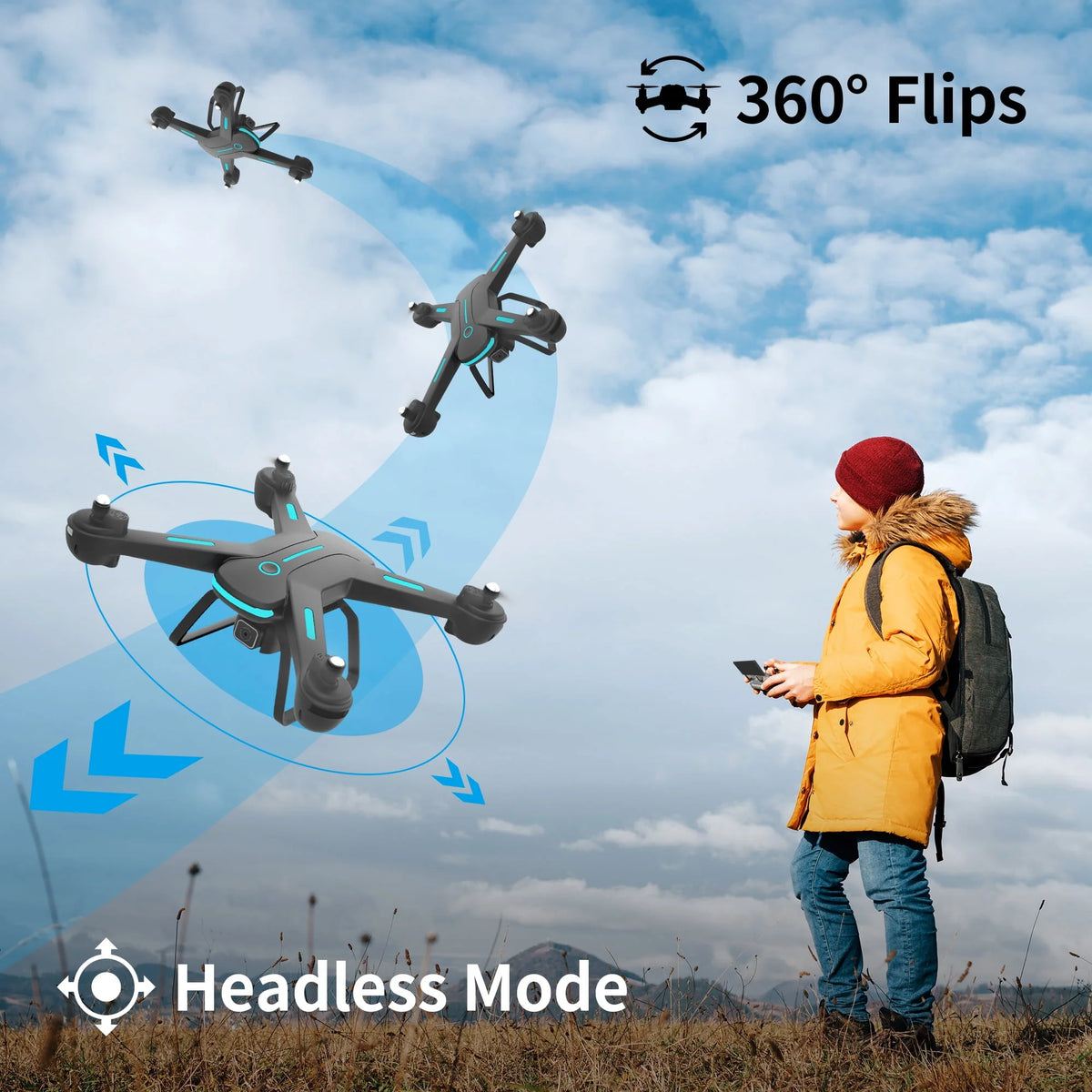 Black 1080P HD Camera Drone with LED Lights and 2 Batteries Z352422