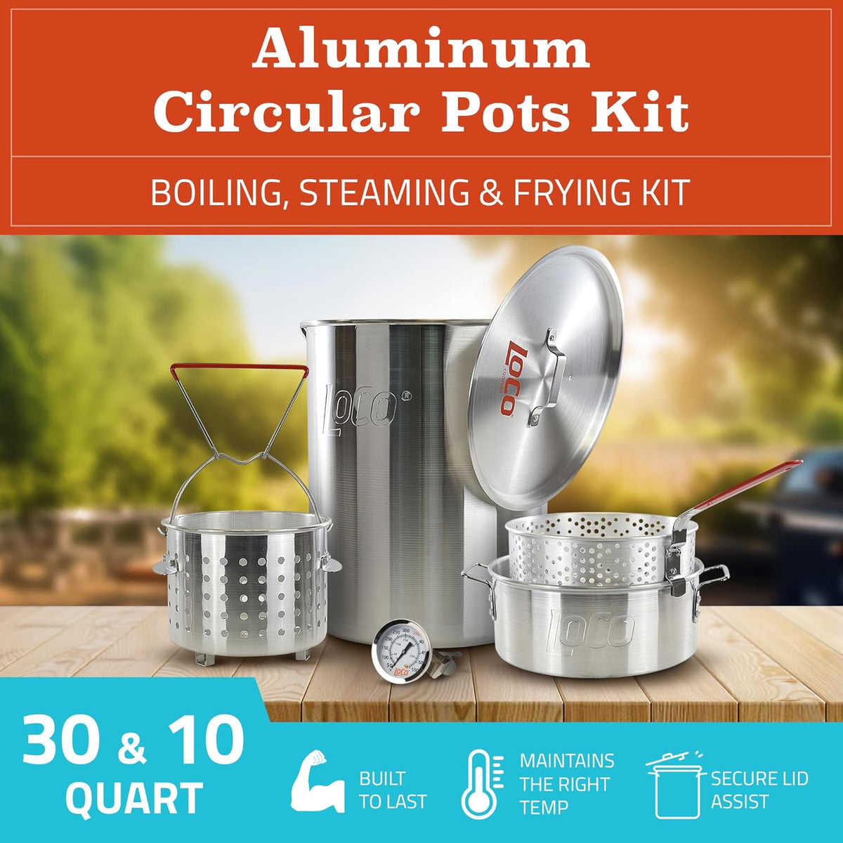 30 Quart Aluminum Circular Pots Kit with Basket Lift Hook and Lid L991