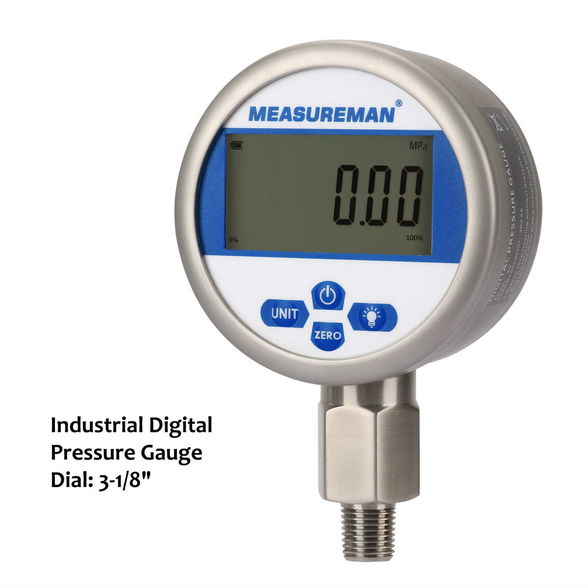 3-1/8 dial Digital Hydraulic Industrial Precision Pressure Gauge with 1/4NPT Lower Mount, Stainless Steel Case, 0-10000psi/bar, 0.4%, Battery Powered, with LED Light P1273