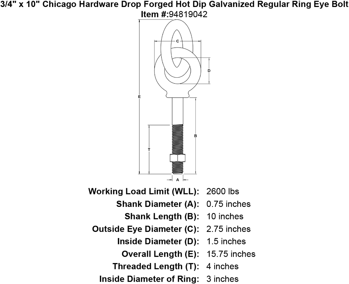 3/4 x 10 Hot Dip Galvanized Ring Eyebolt F32030