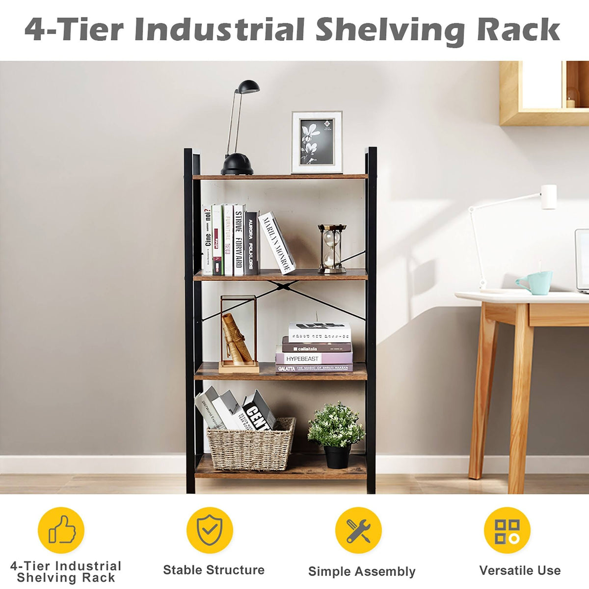 4-Tier Industrial Bookshelf Storage - Brown M997943