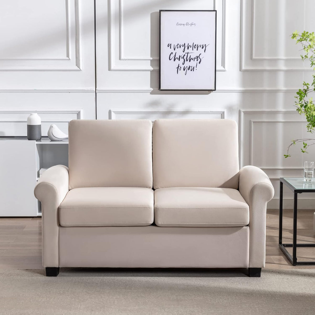 Beige White Pull Out Sofa Bed with Twin Size Mattress Pad M5451